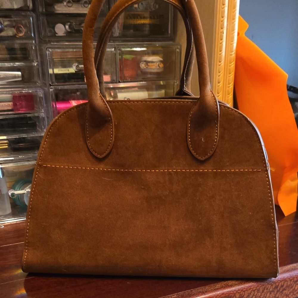 Brown Suede Satchel with Rounded Handles